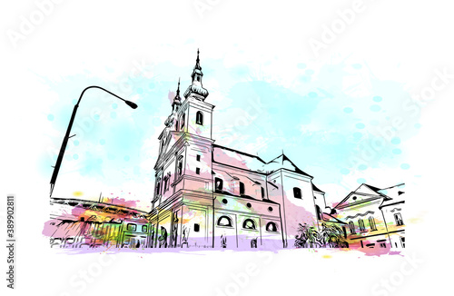 Building view with landmark of Brno is a city in the Czech Republic. Watercolor splash with hand drawn sketch illustration in vector.