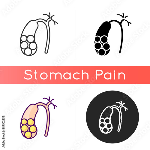 Gallstones icon. Cholelithiasis. Hardened bile deposits. Solid material in gallbladder. Digestive discomfort. Abdominal pain. Linear black and RGB color styles. Isolated vector illustrations