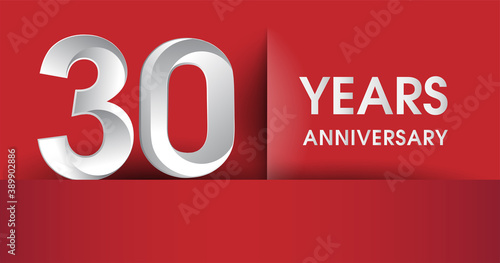30th Years Anniversary celebration logo, flat design isolated on red background, vector elements for banner, invitation card and birthday party.