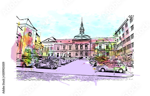 Building view with landmark of Brno is a city in the Czech Republic. Watercolor splash with hand drawn sketch illustration in vector.