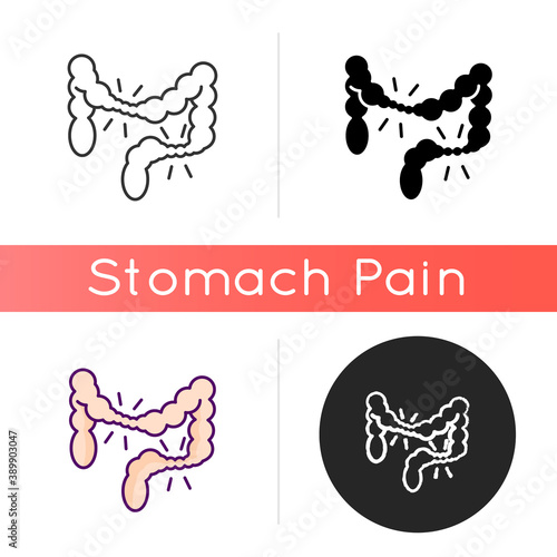 Irritable bowel syndrome icon. Large intestine. Cramping. Abdominal pain. IBS. Chronic condition. Digestive system. Belly discomfort. Linear black and RGB color styles. Isolated vector illustrations