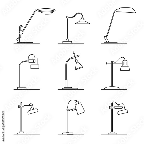 Set of simple vector images of retro table lamps drawn in art line style.