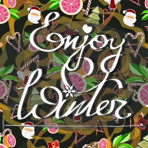 Brown holiday pattern illustration with grapefruit and inscription  Enjoy winter .