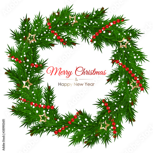 Merry Christmas and Happy New Year text and wreath made of realistic pine branches.