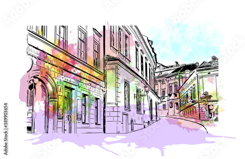 Building view with landmark of Brno is a city in the Czech Republic. Watercolor splash with hand drawn sketch illustration in vector.