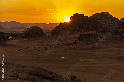 Vintage photos from archive. Jordan. Sunset in Wadi Rum desert. Martian landscapes in lifeless desert. Red rocks and red sand. © AlexanderDenisenko