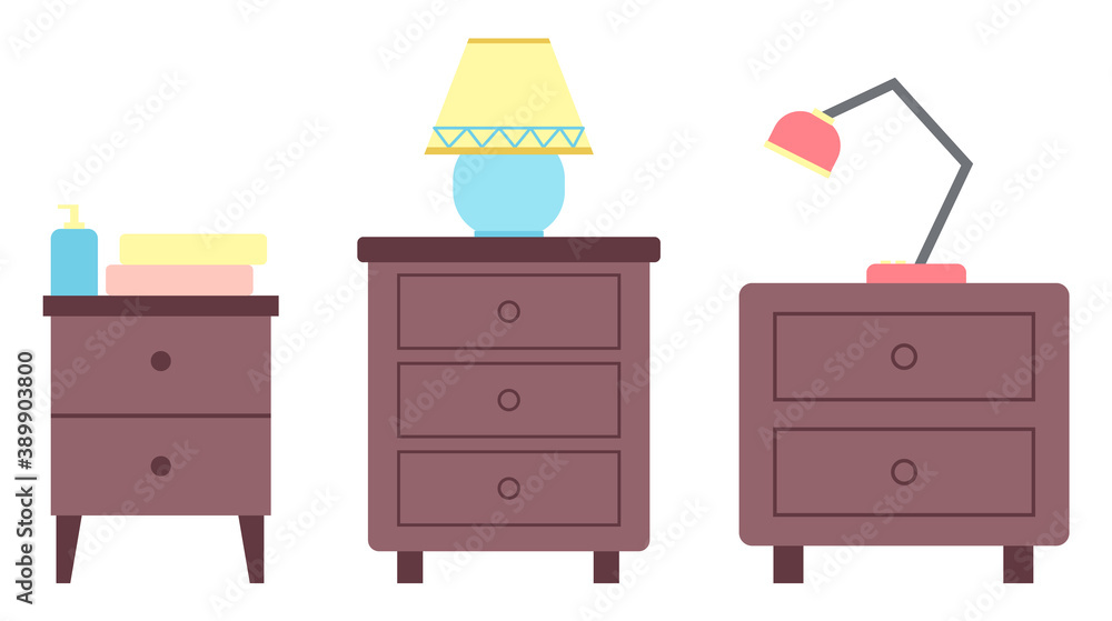 Collection of wooden chest of drawers with lamps, decorative elements. Isolated stylish furniture for home, design elements for room. Storage space, electric light object. Furniture for clothes Collection of wooden chest of drawers with lamps, decorative elements. Isolated stylish furniture for home, design elements for room. Storage space, electric light object. Furniture for clothes