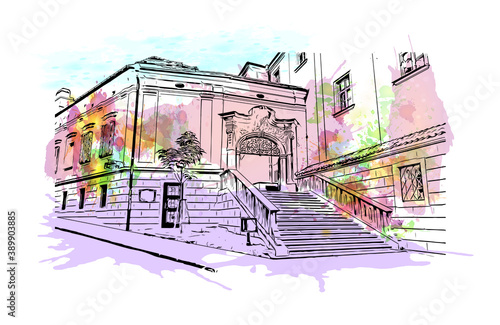 Building view with landmark of Brno is a city in the Czech Republic. Watercolor splash with hand drawn sketch illustration in vector.