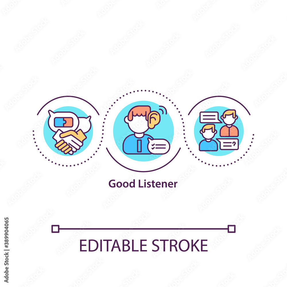 Good listener concept icon. No interruption. Communication, conversation. Passive speaking. Attentive person idea thin line illustration. Vector isolated outline RGB color drawing. Editable stroke.