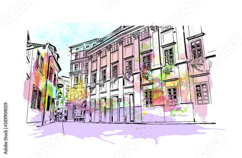 Building view with landmark of Brno is a city in the Czech Republic. Watercolor splash with hand drawn sketch illustration in vector.