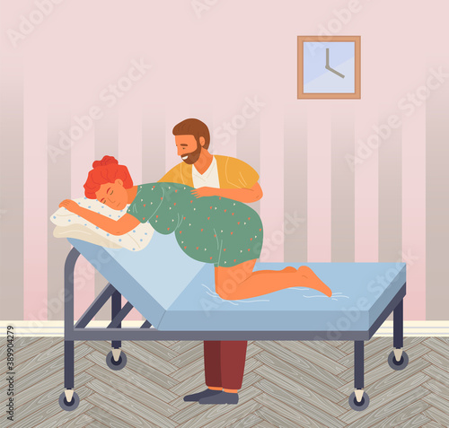 Birth position for pregnant woman, husband help wife to relax, support female, comfortable posture for birthing, man help during birth pains, girl standing at knees at medical bed and lean at pillow