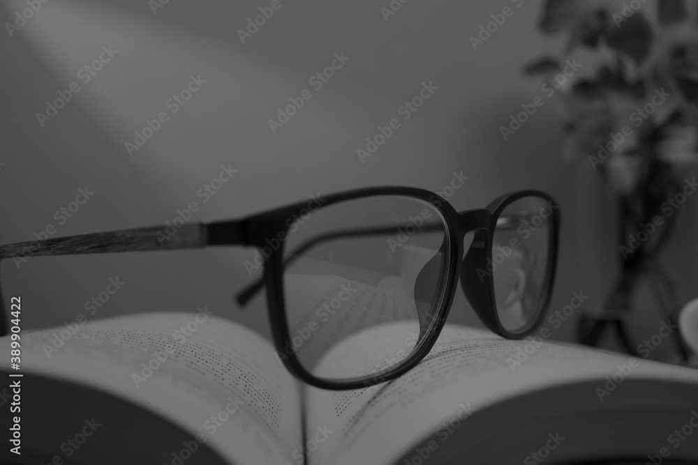 black and white theme eyeglasses are placed on the opened book.
