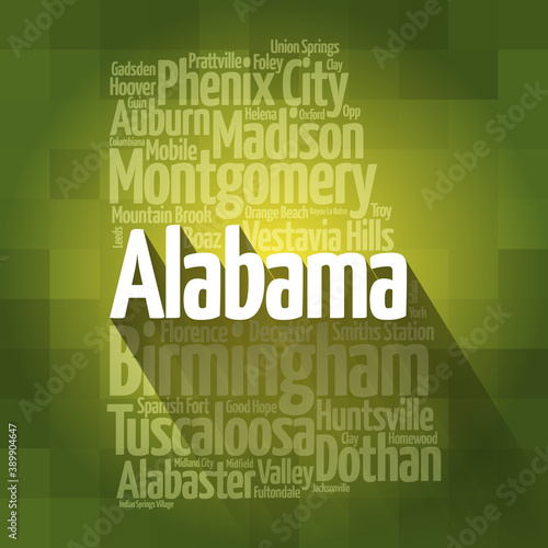 List of cities in Alabama USA state, map silhouette word cloud map concept photo