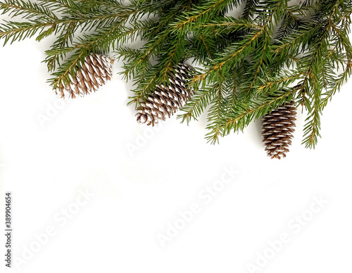 Spruce branches with cones on a white background.  New year concept.  Christmas composition.  Flat lay, frame, top view, copy space for your text.