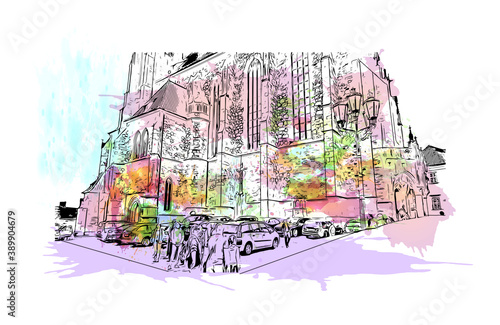 Building view with landmark of Brno is a city in the Czech Republic. Watercolor splash with hand drawn sketch illustration in vector.