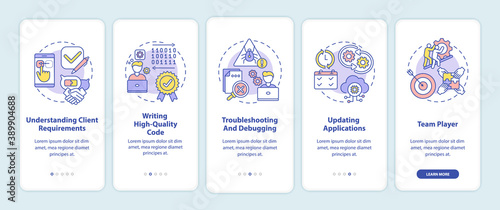App developer skills onboarding mobile app page screen with concepts. Understanding client requirements walkthrough 5 steps graphic instructions. UI vector template with RGB color illustrations