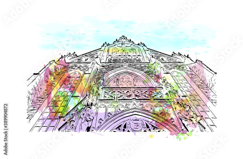 Building view with landmark of Brno is a city in the Czech Republic. Watercolor splash with hand drawn sketch illustration in vector.