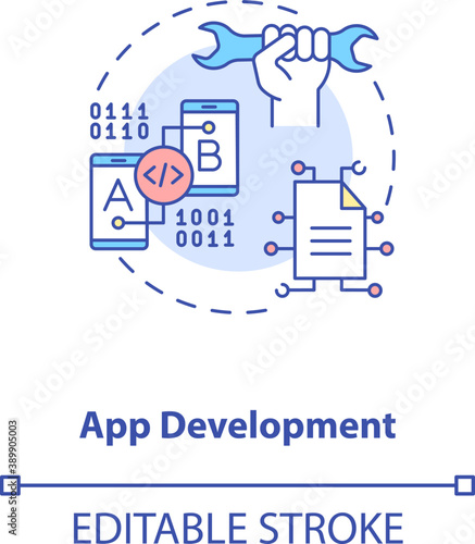 App development concept icon. Mobile app development process. Innovative application creation process idea thin line illustration. Vector isolated outline RGB color drawing. Editable stroke