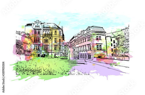 Building view with landmark of Brno is a city in the Czech Republic. Watercolor splash with hand drawn sketch illustration in vector.