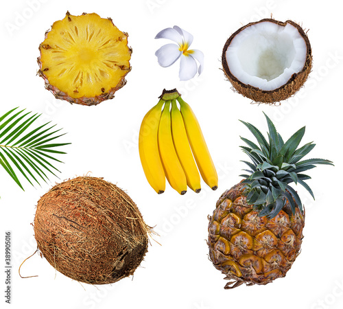 coconut ,banana ,pineapple isolated on the white background