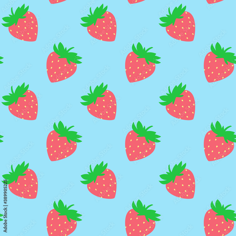 Seamless pattern with red strawberries on blue board. Tasty berry, sweet food illustration. Summer theme. Beautiful print for textile, greeting cards, wrapping paper, decor and design. Jpg file Seamless pattern with red strawberries on blue board. Tasty berry, sweet food illustration. Summer theme. Beautiful print for textile, greeting cards, wrapping paper, decor and design. Jpg file