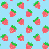 Seamless pattern with red strawberries on blue board. Tasty berry, sweet food illustration. Summer theme. Beautiful print for textile, greeting cards, wrapping paper, decor and design. Jpg file