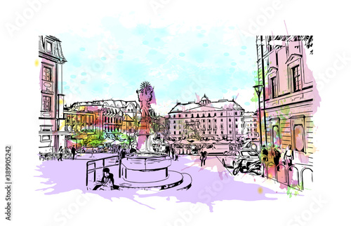 Building view with landmark of Brno is a city in the Czech Republic. Watercolor splash with hand drawn sketch illustration in vector.