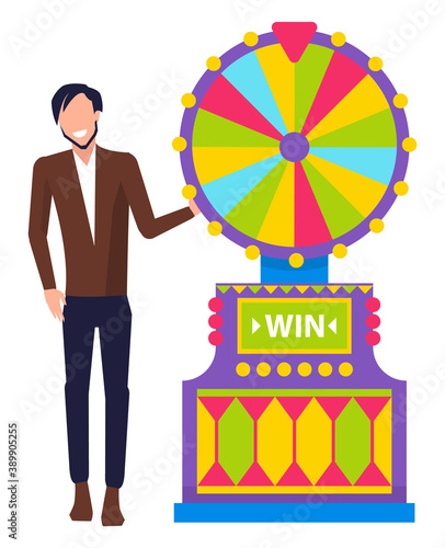 Man wearing formal clothes showing lucky combination vector, isolated character with game machine. Fortune wheel with colored segments gambling male