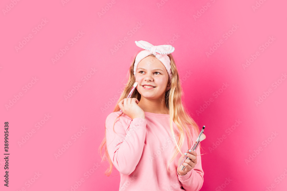 her look is great. Beauty salon. happy childhood. fashion and beauty. retro girl put natural makeup with brush. hair and skin care. small girl wear vintage headband. beautiful kid play cosmetics her look is great. Beauty salon. happy childhood. fashion and beauty. retro girl put natural makeup with brush. hair and skin care. small girl wear vintage headband. beautiful kid play cosmetics