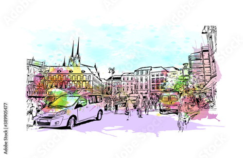 Building view with landmark of Brno is a city in the Czech Republic. Watercolor splash with hand drawn sketch illustration in vector.