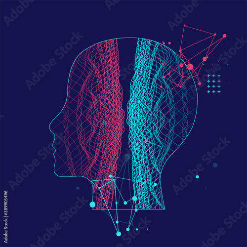 Outline of a human head with an abstract wave. Plexus effect.