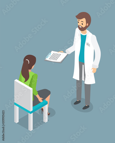 Isolated isometric characters. Doctor with clipboard looking at patient woman sitting on chair. Physician holding results of analysis or medical card. Therapist wearing white gown consulting woman