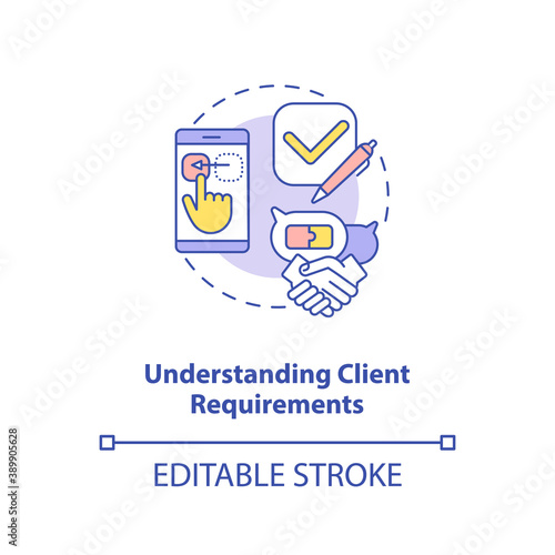 Understanding client requirements concept icon. App developer skills. Easy information getting ability idea thin line illustration. Vector isolated outline RGB color drawing. Editable stroke