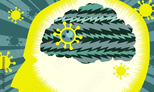coronavirus mental health wellbeing impact covid virus cell attacks noisy brain with ray background bright edition
