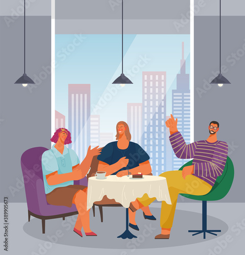 Cartoon man and women sitting in comfortable chairs at round table, drinking tea and eating sweets. People at home or away. Cartoon characters in modern office dining room. Panoramic window cityscape