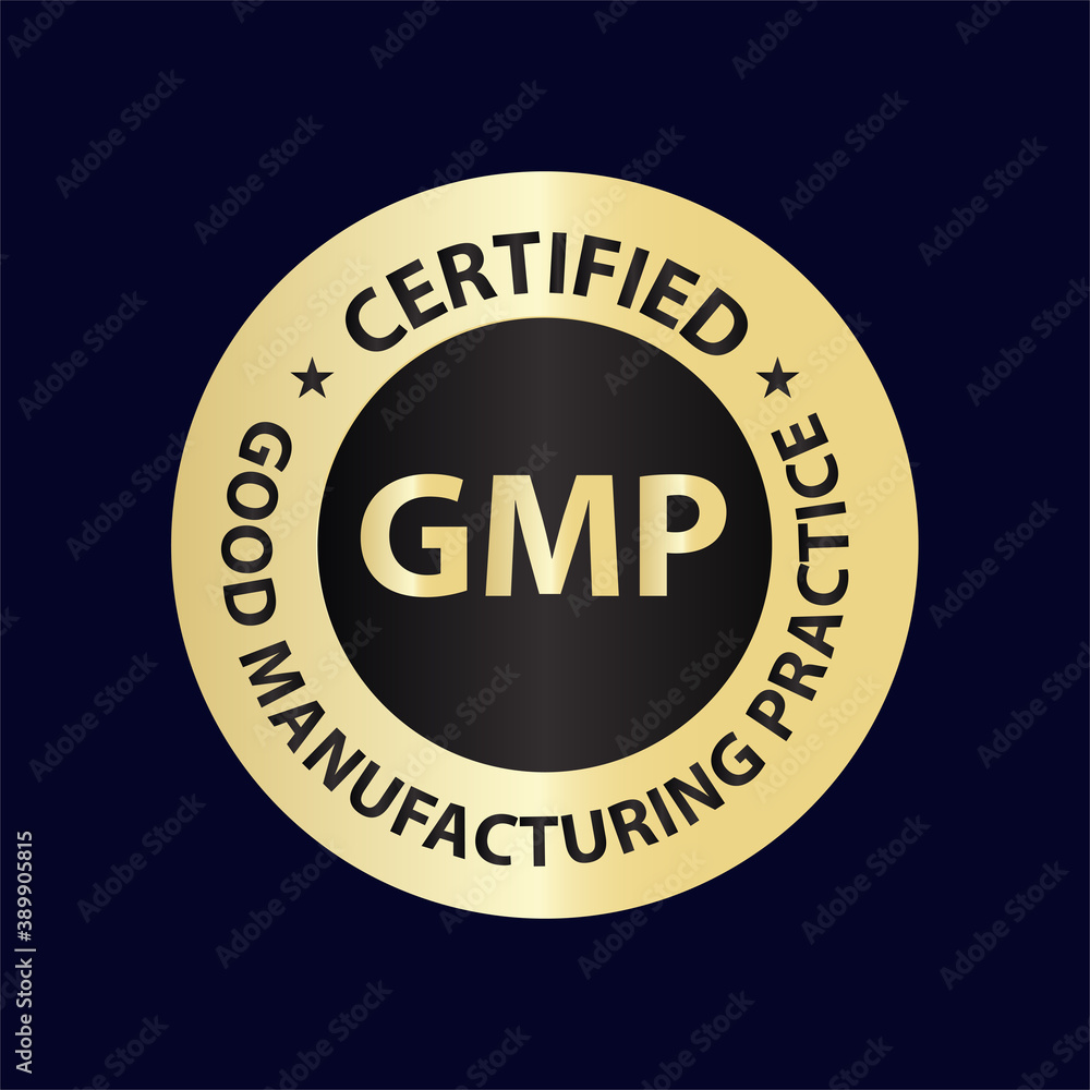 good manufacturing practice certified, GMP certified, golden stamp vector illustration