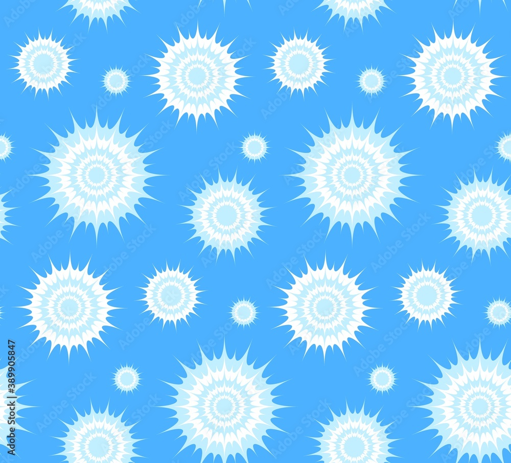 Large and small snowflakes on a blue background. Seamless vector pattern. Fluffy snowflakes. The endless pattern. Can be used for postcards, paper, website, fabric. Large and small snowflakes on a blue background. Seamless vector pattern. Fluffy snowflakes. The endless pattern. Can be used for postcards, paper, website, fabric.
