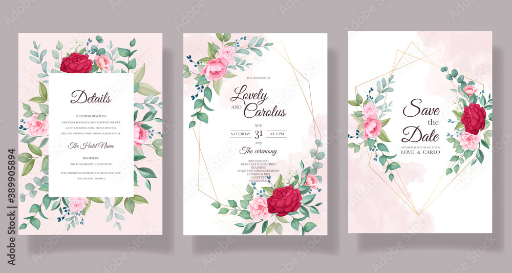 Beautiful blooming floral wedding invitation card set