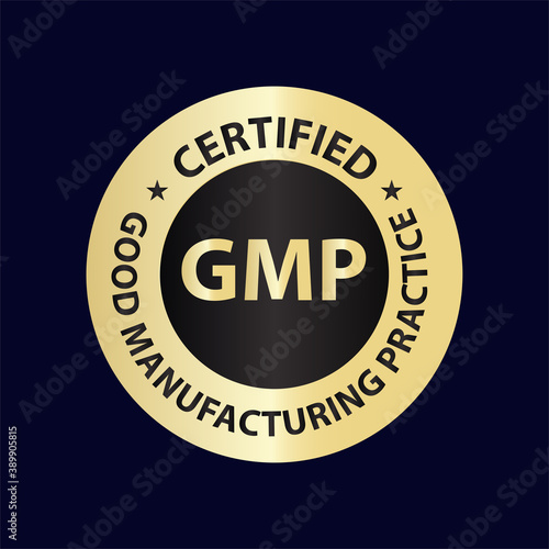 good manufacturing practice certified, GMP certified, golden stamp vector illustration