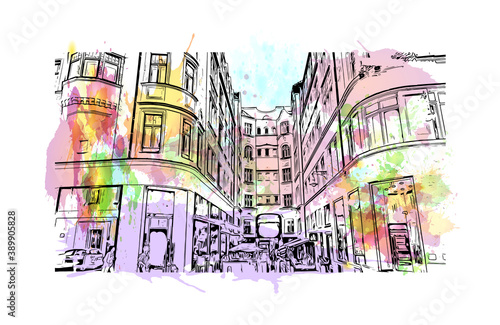 Building view with landmark of Brno is a city in the Czech Republic. Watercolor splash with hand drawn sketch illustration in vector.