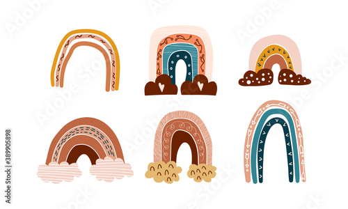 Boho hand drawn rainbows collection isolated on white background. Vector illustration.