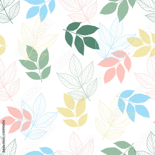 Pastel colored vector seamless pattern. Ornamental vector leaves background. Hand-drawn contour leaf sketch illustration. Vintage decorative element for floral botanical design.