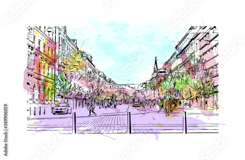 Building view with landmark of Brno is a city in the Czech Republic. Watercolor splash with hand drawn sketch illustration in vector.