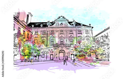 Building view with landmark of Brno is a city in the Czech Republic. Watercolor splash with hand drawn sketch illustration in vector.
