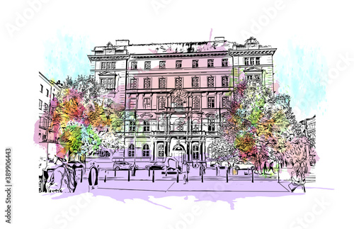 Building view with landmark of Brno is a city in the Czech Republic. Watercolor splash with hand drawn sketch illustration in vector.