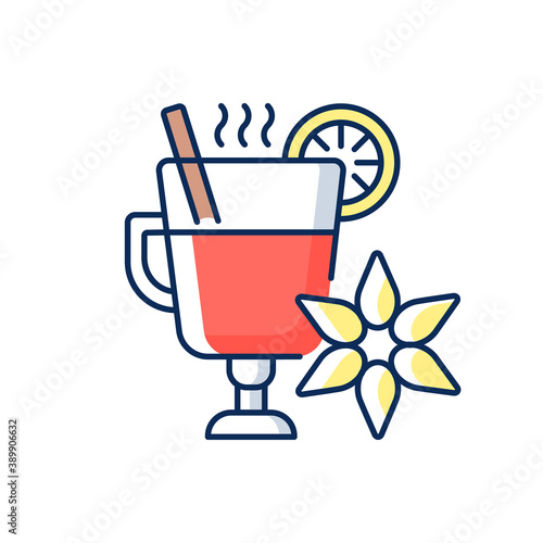 Mulled wine RGB color icon. Traditional holiday drink recipe. Wintertime beverage. Punch with spice. Christmas holiday entertainment. Cup with hot drink. Isolated vector illustration
