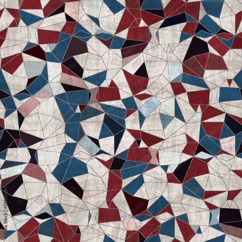 Seamless red white and blue textured geometric pattern. High quality illustration. Color blocked shapes in an old vintage look. Generic and versatile design useful for all types of surface design.