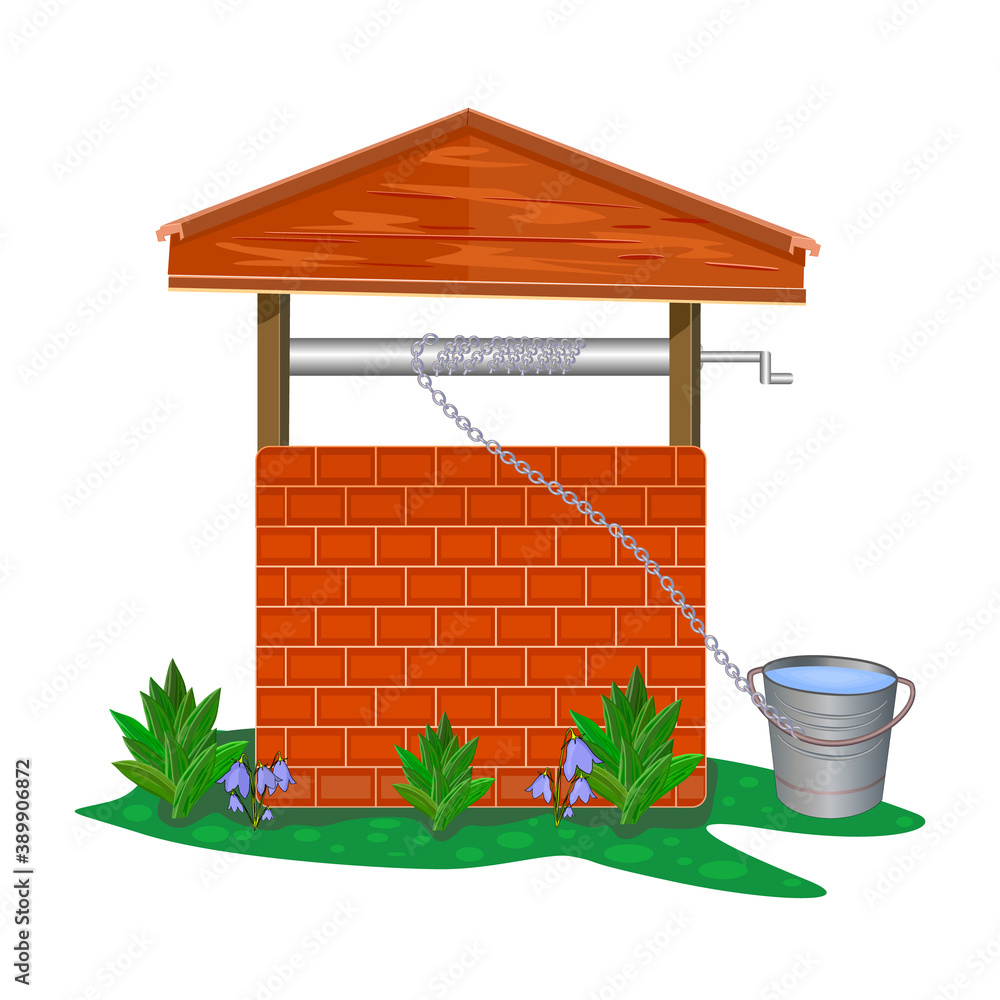 Obraz premium Brick and wood water well isolated on white background. Rustic cartoon well of fresh drinking water with chain and bucket. Natural source of pure water from the bowels of the earth.Vector illustration