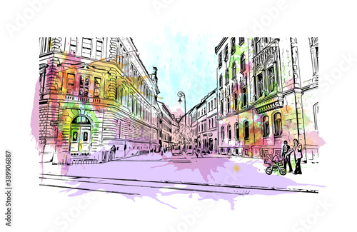 Building view with landmark of Brno is a city in the Czech Republic. Watercolor splash with hand drawn sketch illustration in vector.