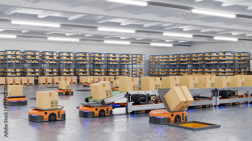 Robots efficiently sorting hundreds of parcels per hour(Automated guided vehicle) AGV. photo